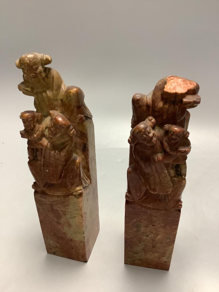 A pair of Chinese soapstone carvings and a modern Chinese plaque